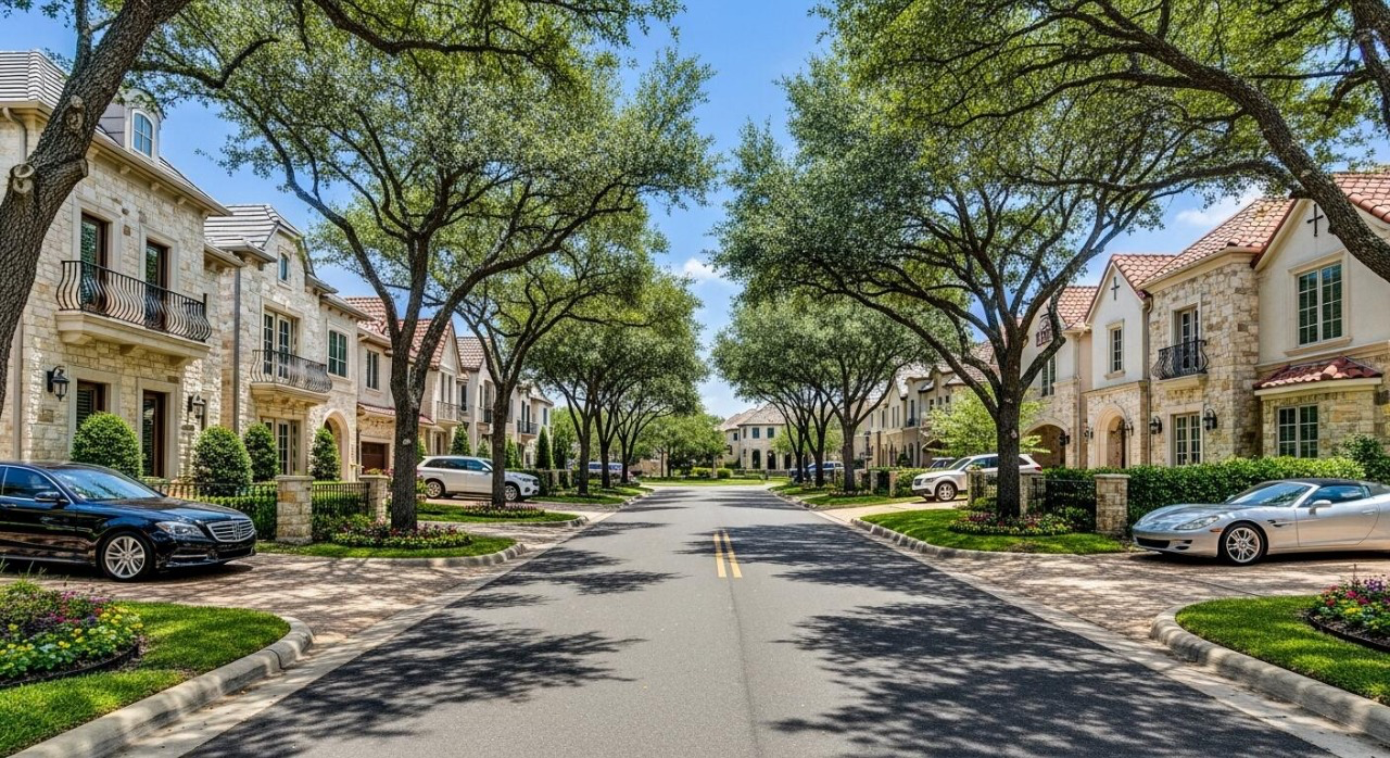 Newman Village tree-lined European-style street